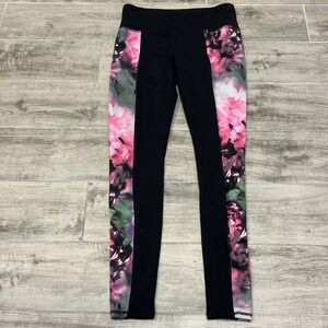 Athleta Women's Leggings Black with Side Panels of Pink Floral Print Size Small